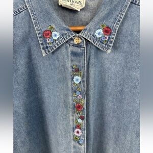 Vtg Basic Editions embroidered Flowers denim Button Up shirt cottagecore 24W *